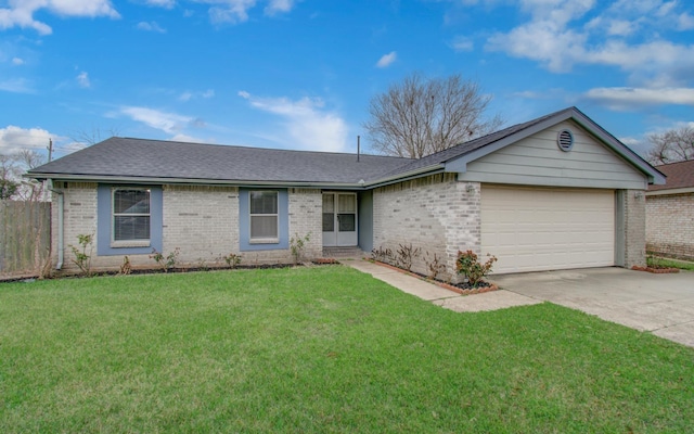 single story home featuring a garage, concrete driveway, a front lawn, and brick siding