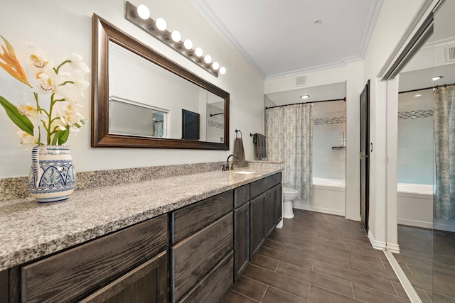 full bathroom featuring crown molding, shower / bath combination with curtain, visible vents, toilet, and vanity