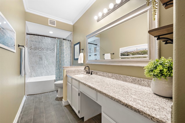 bathroom with visible vents, shower / bathtub combination with curtain, toilet, ornamental molding, and vanity