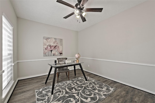 office area featuring ceiling fan, a textured ceiling, and wood finished floors