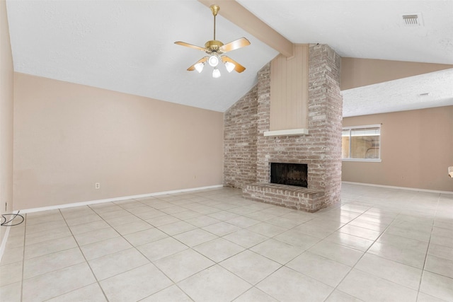 unfurnished living room with light tile patterned floors, visible vents, ceiling fan, beamed ceiling, and a brick fireplace