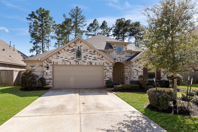 french provincial home featuring brick siding, fence, a garage, driveway, and a front lawn