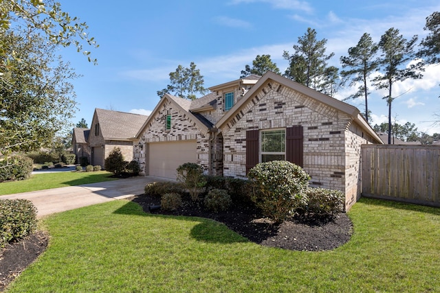 french country home featuring brick siding, a front yard, fence, a garage, and driveway