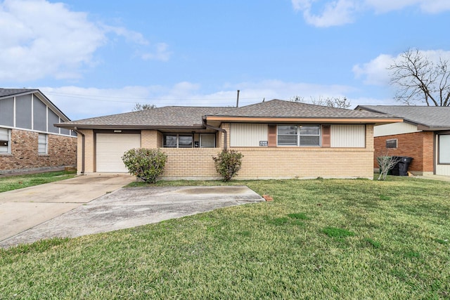 view of front facade featuring brick siding, a shingled roof, concrete driveway, a front yard, and a garage