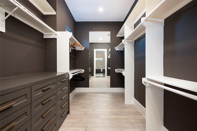 walk in closet with light wood finished floors