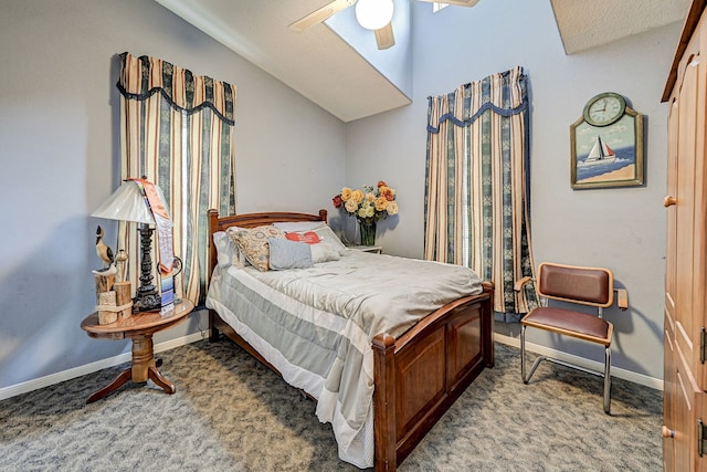 bedroom with vaulted ceiling, carpet floors, a ceiling fan, and baseboards