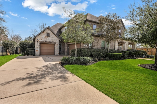 view of front of property with driveway, stone siding, an attached garage, a front lawn, and brick siding