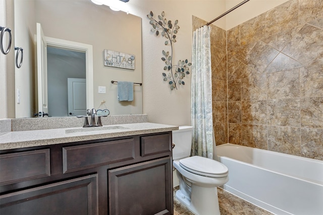 full bath with shower / bathtub combination with curtain, toilet, and vanity