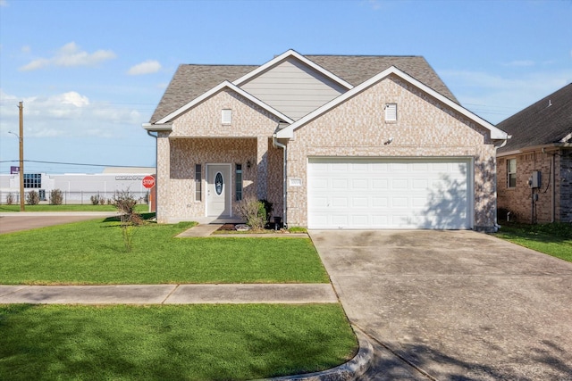 view of front of property with an attached garage, brick siding, a shingled roof, driveway, and a front lawn