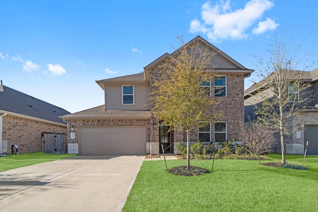 traditional-style home with concrete driveway, brick siding, an attached garage, and a front lawn