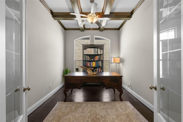 home office with french doors, baseboards, and wood finished floors