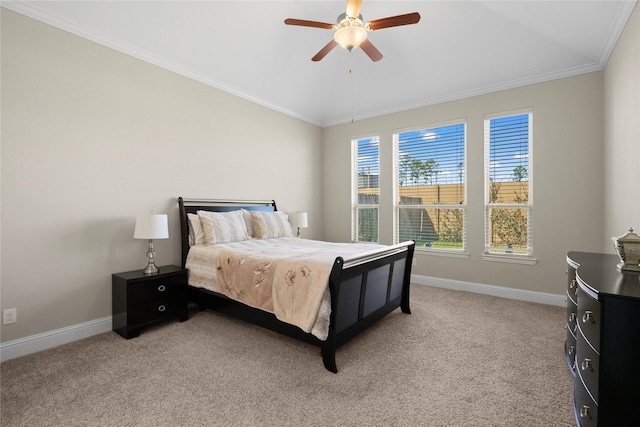 bedroom featuring ornamental molding, lofted ceiling, light colored carpet, and baseboards