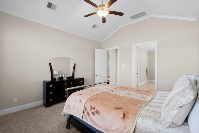 bedroom with ornamental molding, lofted ceiling, visible vents, and light carpet