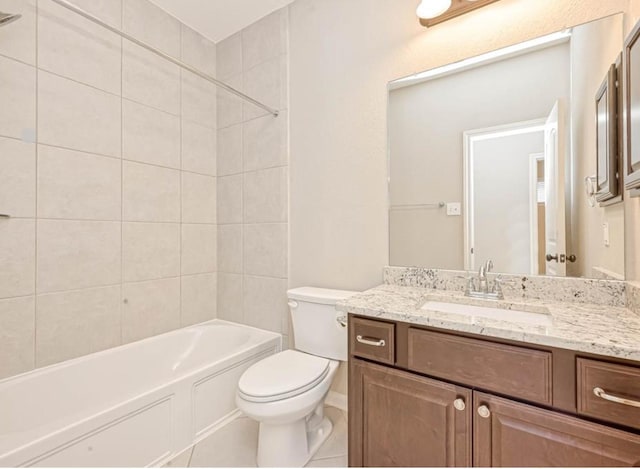 full bathroom featuring shower / tub combination, vanity, toilet, and tile patterned floors