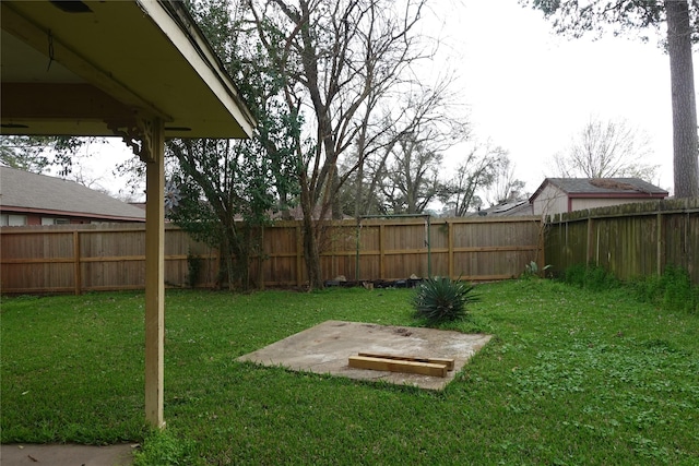 view of yard with a fenced backyard and a patio