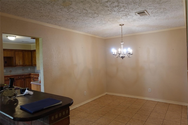 unfurnished dining area with visible vents, an inviting chandelier, crown molding, light tile patterned floors, and baseboards