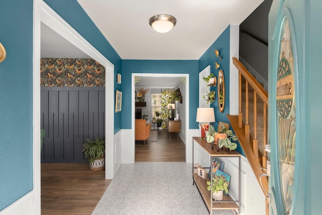 4026 Oxhill Rd, Spring, TX 77388 - corridor with wainscoting, stairs, and wood finished floors