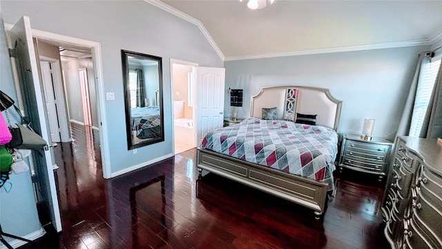 bedroom with lofted ceiling, ornamental molding, wood-type flooring, and baseboards