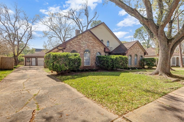 view of front of house with fence, a chimney, concrete driveway, a front lawn, and brick siding