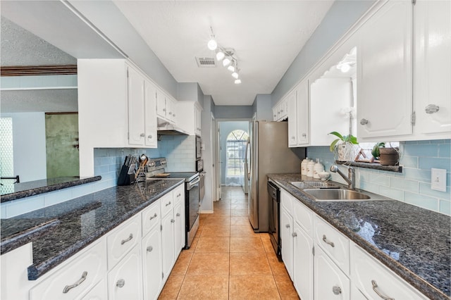 kitchen featuring visible vents, range with electric cooktop, white cabinets, and a sink