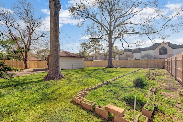 view of yard featuring a garden and a fenced backyard