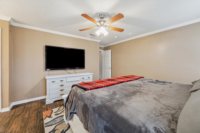 bedroom with a ceiling fan, dark wood-style flooring, crown molding, and baseboards