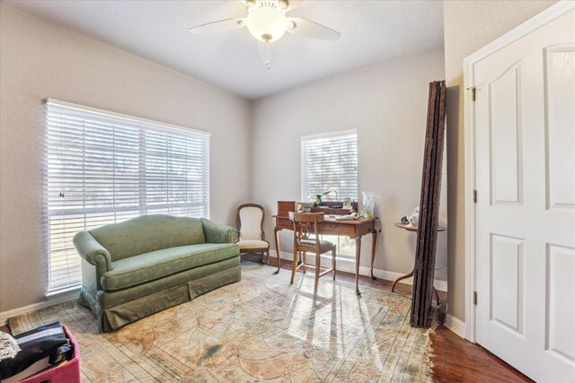 office space with ceiling fan, baseboards, and wood finished floors