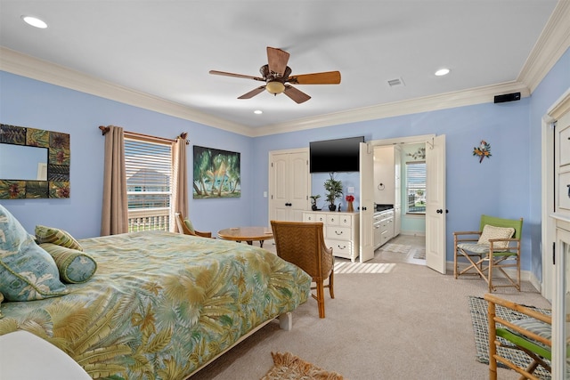 bedroom with crown molding, recessed lighting, visible vents, light carpet, and baseboards