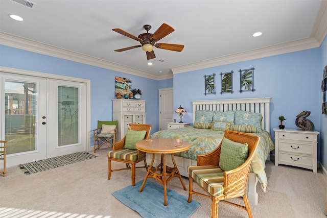 bedroom featuring access to exterior, crown molding, french doors, carpet floors, and recessed lighting