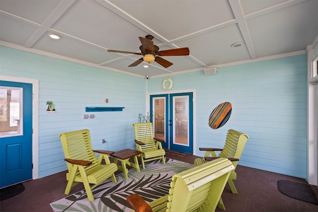 view of patio with a porch and ceiling fan