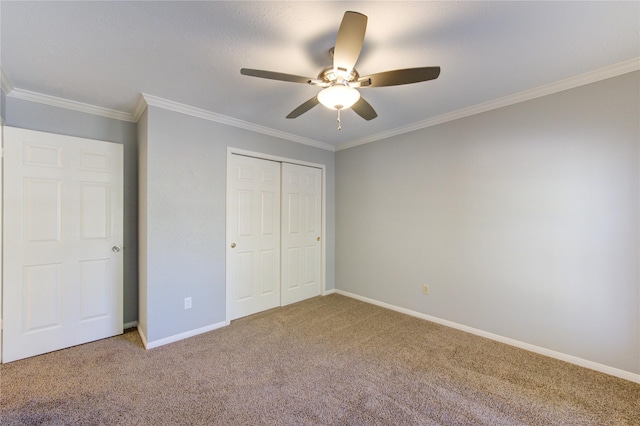 1016 Applewood Dr, Friendswood, TX 77546 - unfurnished bedroom with carpet, a closet, baseboards, crown molding, and ceiling fan