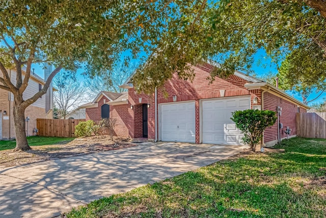 view of front of house featuring brick siding, concrete driveway, an attached garage, fence, and a front lawn