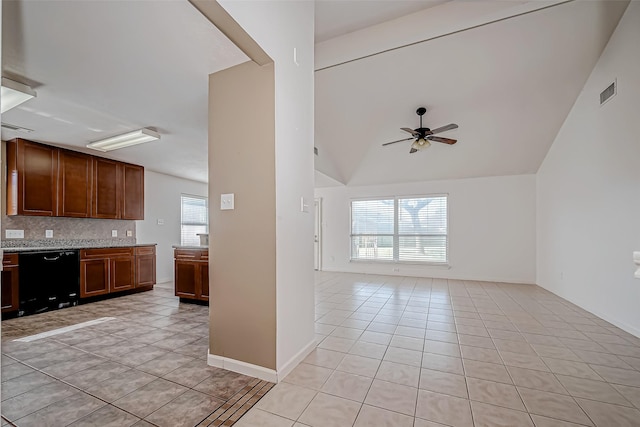 kitchen with tasteful backsplash, visible vents, dishwasher, and light tile patterned flooring