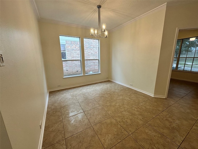 tiled empty room with a notable chandelier, baseboards, and crown molding