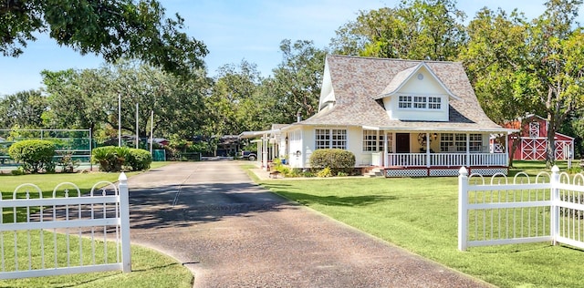 view of front of house featuring a front yard, covered porch, driveway, and fence