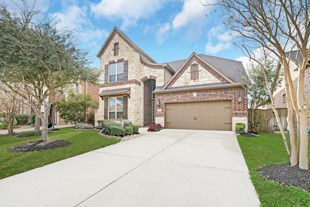 view of front facade with concrete driveway, stone siding, brick siding, and a front yard