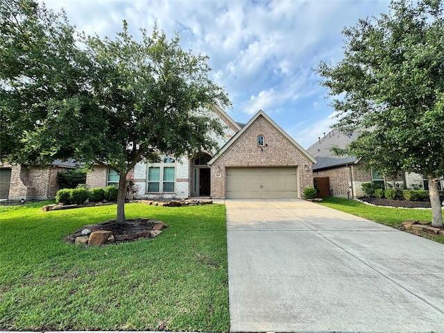 view of front of home with a garage, brick siding, concrete driveway, and a front yard