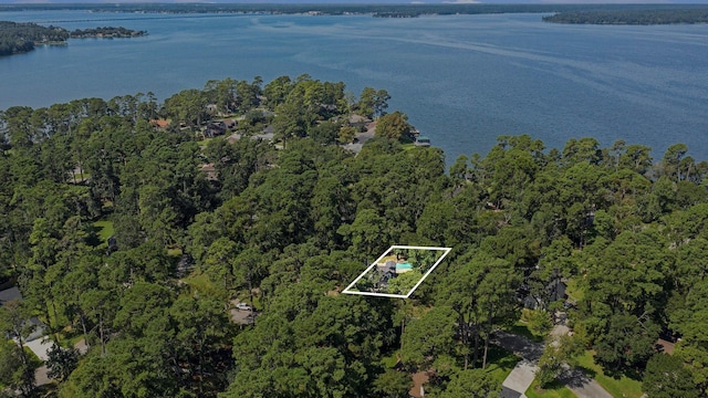 drone / aerial view featuring a water view and a wooded view