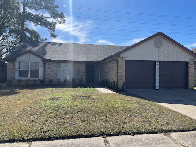 single story home with an attached garage, a shingled roof, brick siding, driveway, and a front yard