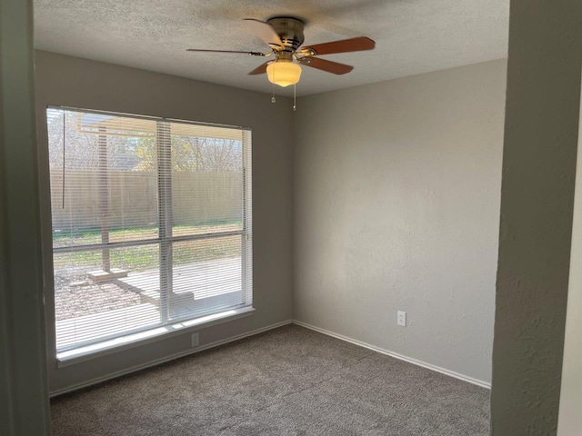 empty room featuring a healthy amount of sunlight, carpet floors, a textured ceiling, and a textured wall