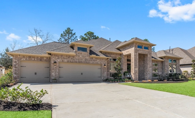 view of front of property featuring driveway, an attached garage, a shingled roof, a front lawn, and brick siding