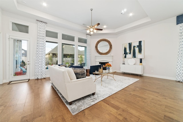 living area with a lit fireplace, a tray ceiling, and wood finished floors