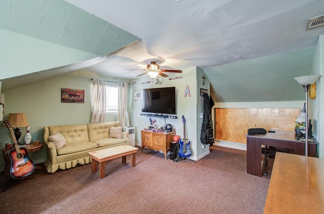 carpeted living area with lofted ceiling, baseboards, visible vents, and a textured ceiling