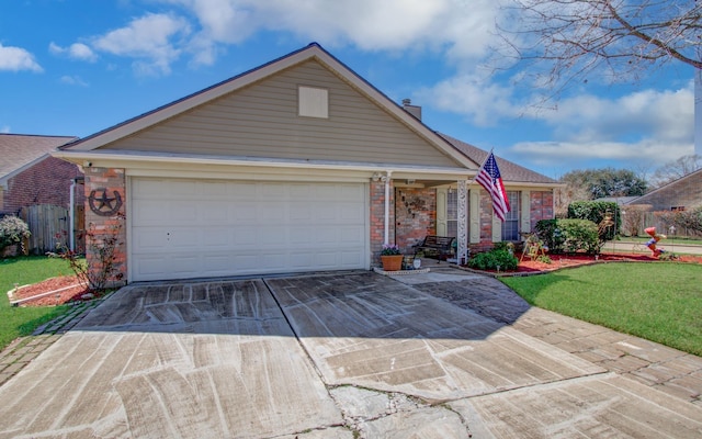 single story home featuring a garage, concrete driveway, a chimney, a front yard, and brick siding