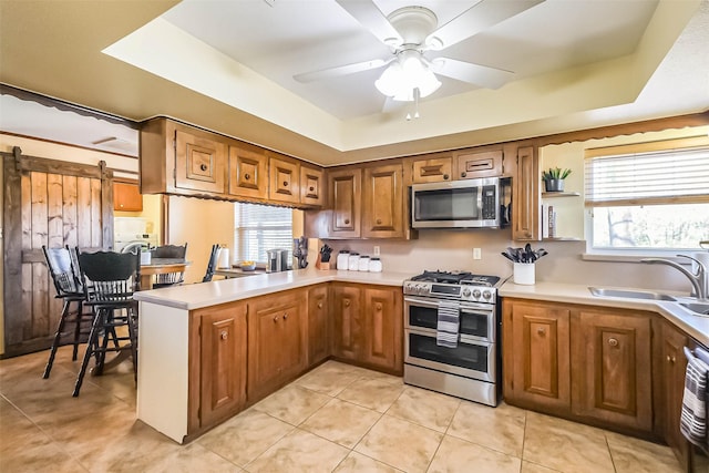 kitchen featuring a barn door, brown cabinetry, appliances with stainless steel finishes, a tray ceiling, and a sink