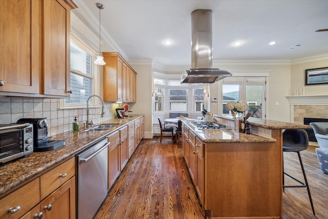 kitchen featuring ornamental molding, appliances with stainless steel finishes, a sink, and island range hood