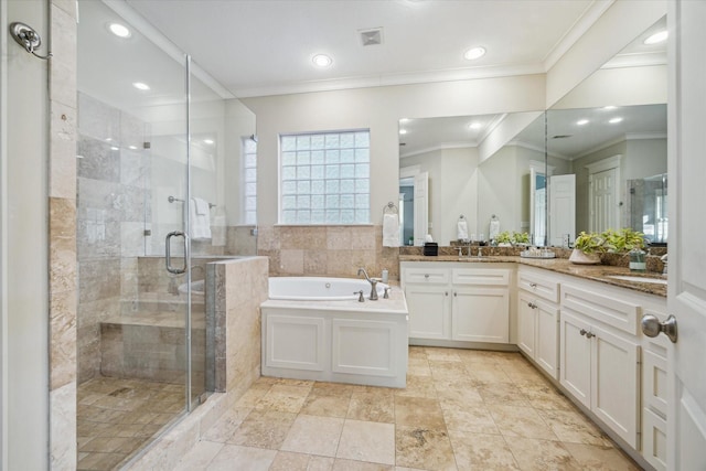 full bathroom with a garden tub, recessed lighting, vanity, a shower stall, and crown molding