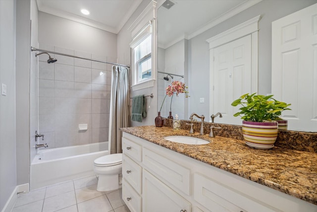 bathroom featuring shower / bath combination with curtain, toilet, ornamental molding, vanity, and tile patterned floors