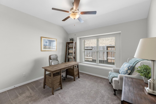 office with lofted ceiling, ceiling fan, carpet flooring, and baseboards