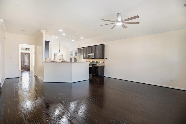 unfurnished living room featuring crown molding, dark wood finished floors, baseboards, and ceiling fan